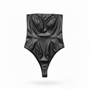 Blue Buttercup Black Faux Leather Halter Bodysuit Womens Sz M Coquette Statement